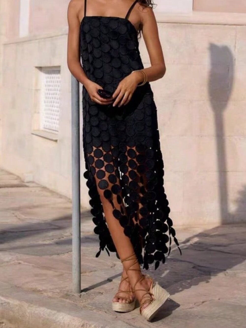 Black Sexy Women's Slip Dress with Spaghetti Straps and Fringe Hem - Picture 2 of 3